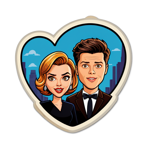 Autocollant représentant Colin Jost et Scarlett Johansson en style cartoon