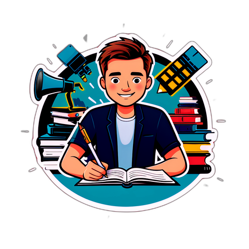 Autocollant de Dominik Moll immergé dans l'écriture, entouré de livres et de clappers de film