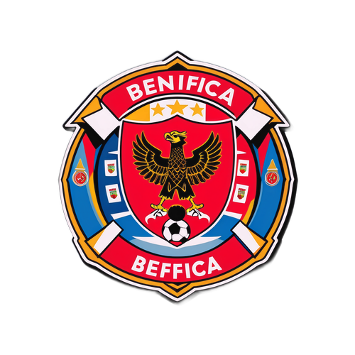 Σχέδιο που απεικονίζει την ομάδα Μπενφίκα, τονίζοντας το λογότυπο και τα χρώματα της ομάδας, σε ρετρό στυλ.