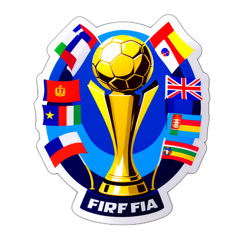 Autocollant du Trophée FIFA entouré de drapeaux des nations participantes
