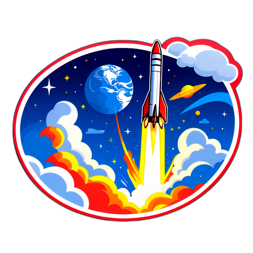 Wesoła naklejka przedstawiająca rakietę Falcon 9 w locie