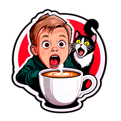Sticker geïnspireerd door Home Alone met schreeuwende jongen en cappuccino-drinkende kat
