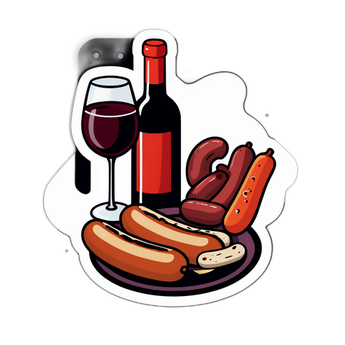Sticker de fête thématique avec saucisses et vin rouge