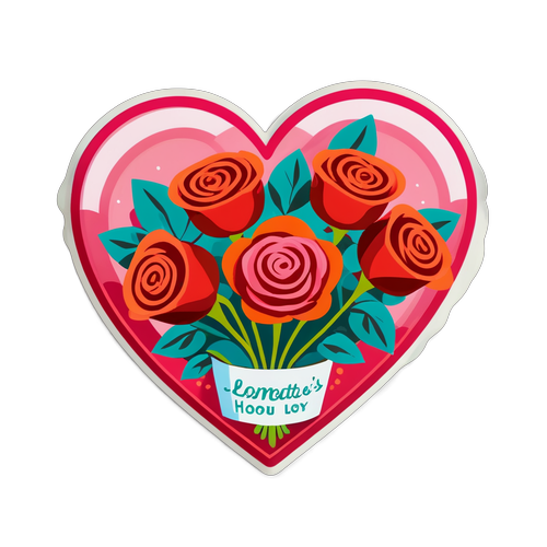 Romantic Heart-Shaped Sticker with Roses and Chocolates