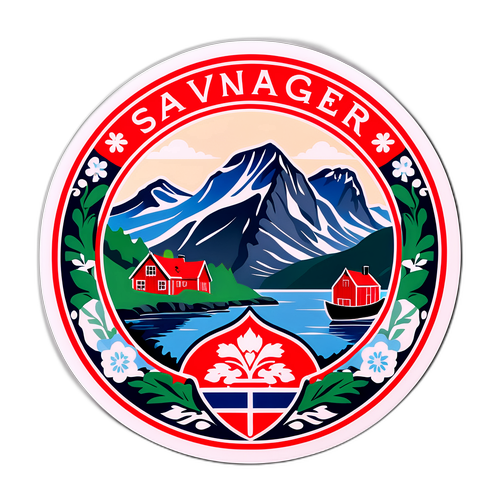 Stilig klistremerke med Stavanger Aftenblads navn og norske kulturelle motiver