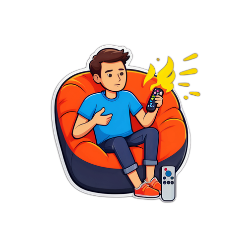 הוא מחליף ערוצים בשלט טלוויזיה תוך כדי ישיבה בכיסא פוף, קרוע בין שני משחקים.