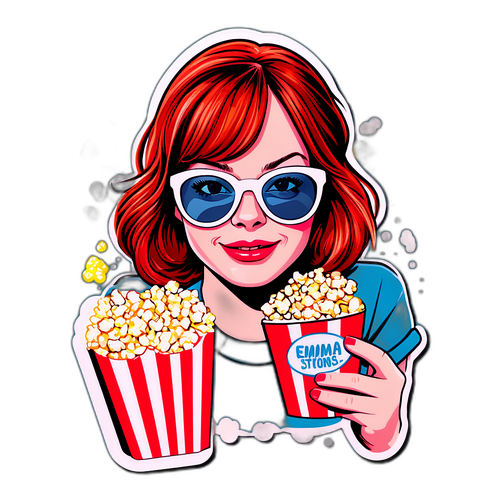 Dessin d'Emma Stone avec des lunettes de soleil, entourée de popcorn et de claps de cinéma