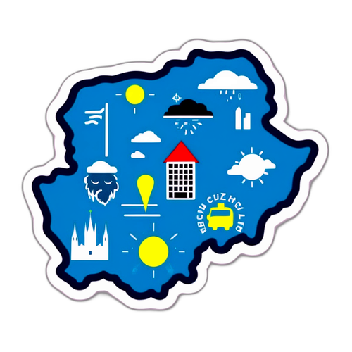 Stylizovaná mapa České republiky s různými podezřelými místy a symboly aktuálního počasí ve městech
