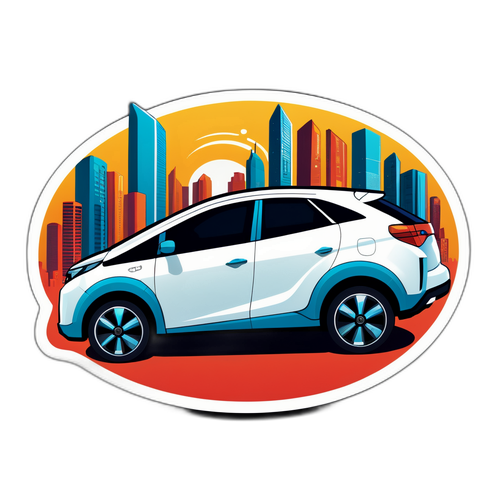 A adesivo que destaca o BYD Atto 8 em uma paisagem urbana futurista