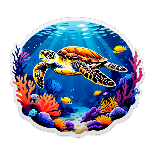 海龟与珊瑚礁风景的水下世界贴纸