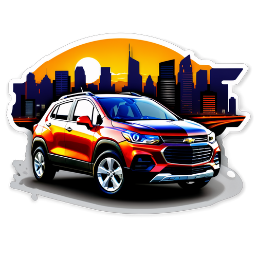 Diseño de volante de coche con un fondo de ciudad iluminada, representando el Chevrolet Tracker