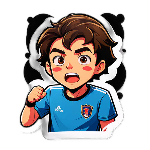Наклейка с персонажем в молодежной футбольной форме, проявляющим эмоции во время матча