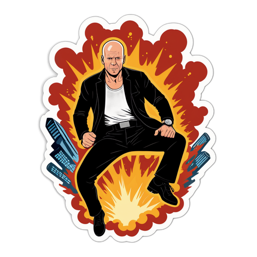 Geïllustreerde sticker van een actieheld in een explosieve pose