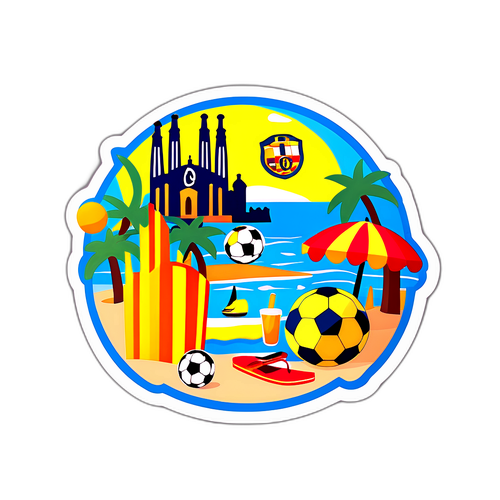 Sticker ya Barcelona yenye Mandhari ya Pwani na Mpira wa Miguu