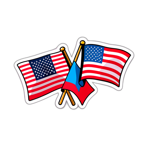 Flagi Polski i USA na tle ambasady w Warszawie
