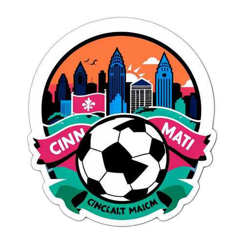 Skyline Cincinnati z piłką nożną i flagami kibiców