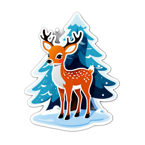 Милий наліпка з оленем біля снігової ялинки