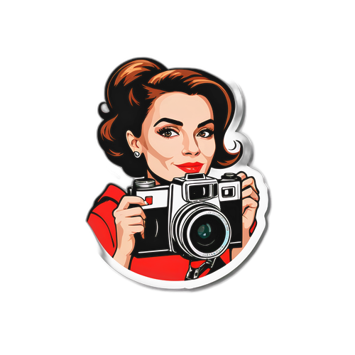 Elegancki sticker z Joanną Brodzik z aparatem fotograficznym