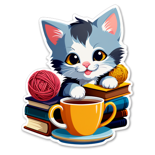 Playful Kitten with Yarn and Tea