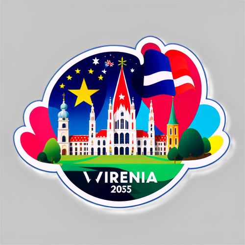 Un sticker reprezentând peisajul Vienei cu simboluri Eurovision 2025