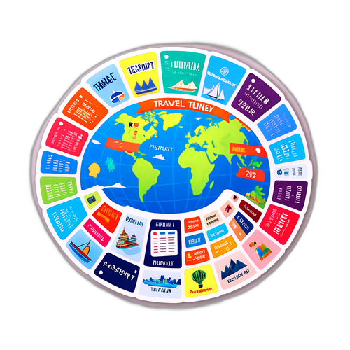 Un calendrier de voyage mardi 2025 avec des destinations de voyage illustrées par des autocollants de passeport