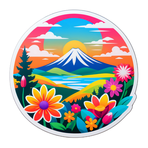 色とりどりの季節の花といろは坂の美しい風景を描いたステッカー