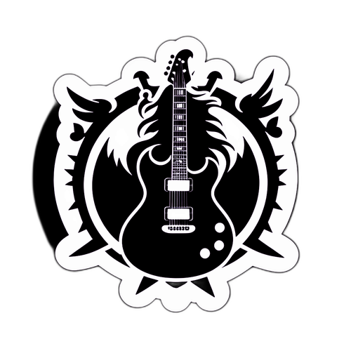 Sticker van een zware gitaar met Black Sabbath-symbool en een donkere uitstraling