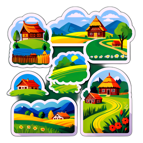 Paysaj rural românesc cu simboluri tradiționale