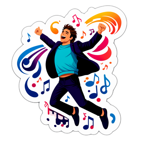 מדבקה של מייקל הרפז קופץ באוויר עם תווים מוסיקליים