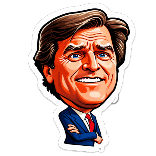 Sticker cu Tucker Carlson în stil caricatural, discutând despre evenimentele curente și libertatea de exprimare