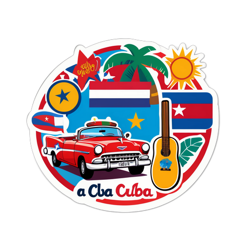 En lekfull Cuba-klistermärke med skämtsamma slogans och ikoniska kultursymboler