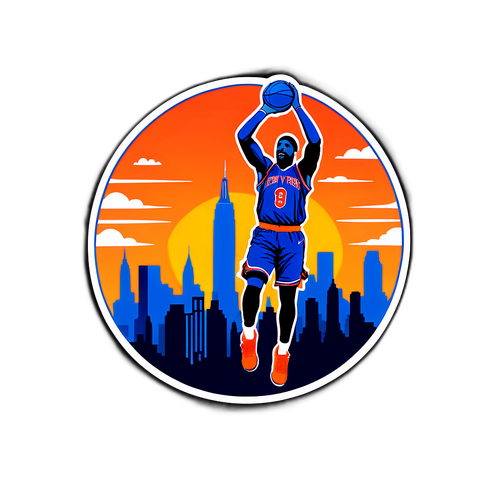 Diseño de un jugador de los Knicks haciendo una canasta épica con skyline de Nueva York al atardecer