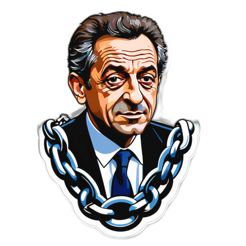 Ilustrarea artistului Nicolas Sarkozy cu lanțuri rupte simbolizând libertatea recent câștigată