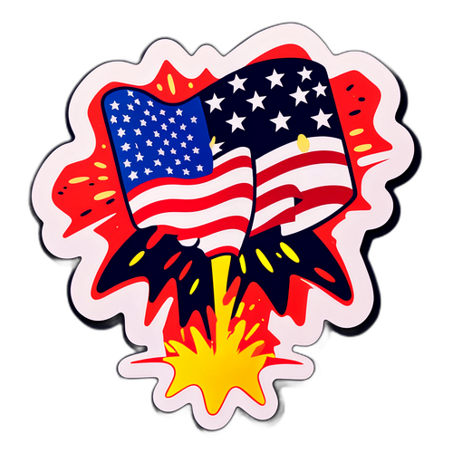 Explodující USA jako retro nálepka s trhanými efekty a silnými barvami