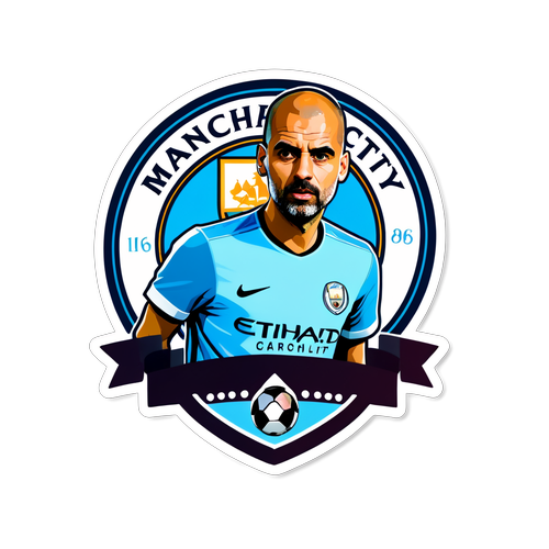 Sticker représentant Man City avec le logo du club, Pep Guardiola et des éléments de football associés à Manchester