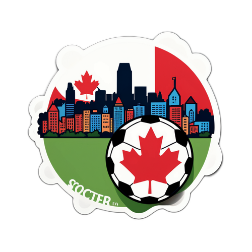 Etiqueta de un paisaje canadiense representando Montreal, con un balón de fútbol y el texto 'Fútbol en la ciudad'
