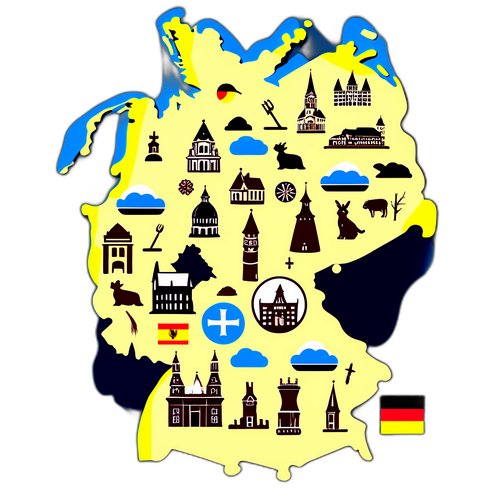 Ilustración gráfica del mapa de Alemania con íconos representativos de su cultura y tradiciones destacadas