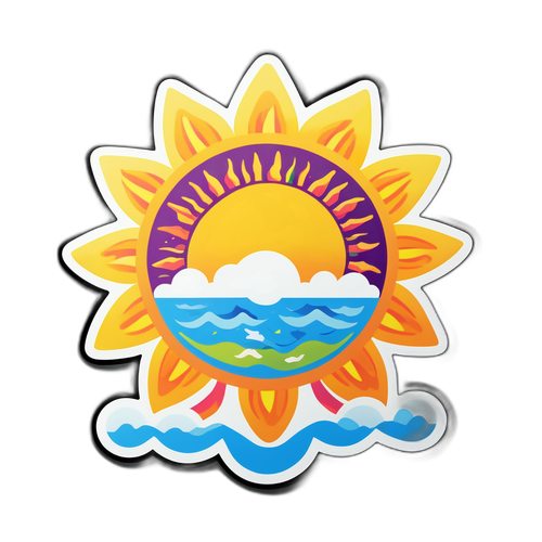 עיצוב מדבקה של שמש צבעונית בעננים