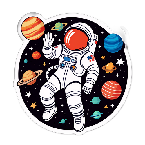 Stiker Astronot Kartun Bermain di Luar Angkasa