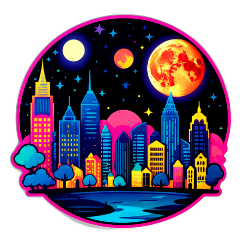 עיצוב תוסס של סצנת לילה עם עיר מוארת