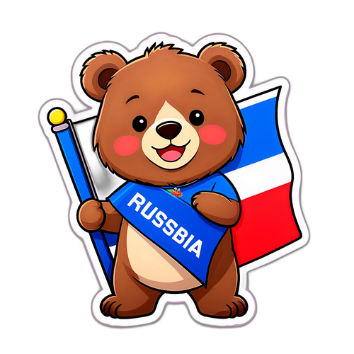 Стикер с милым медвежонком и флагом России