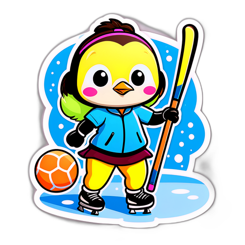 Adesivo Cartoonesco di una Pinguina Giocatrice di Tennis sul Ghiaccio