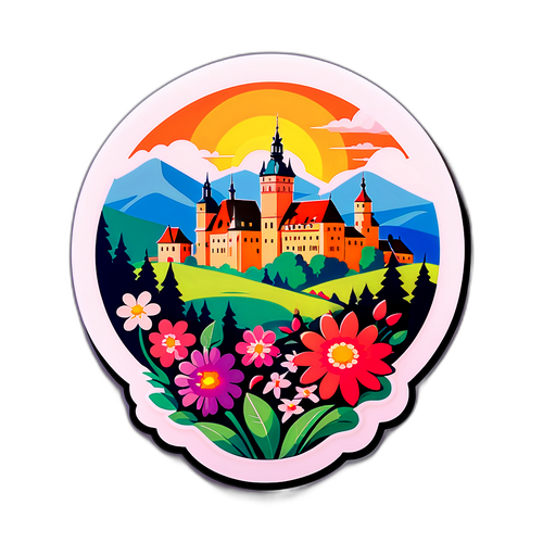 Paysaj romantic din Cehia cu un castel și flori