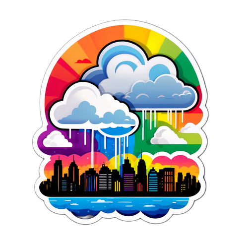 Drama eines Gewitters über einer Stadt mit Regenbogenreflexionen