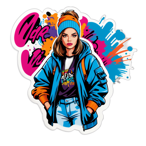 Marie Verhulst in een modieuze outfit met een trendy achtergrond van stedelijke graffiti