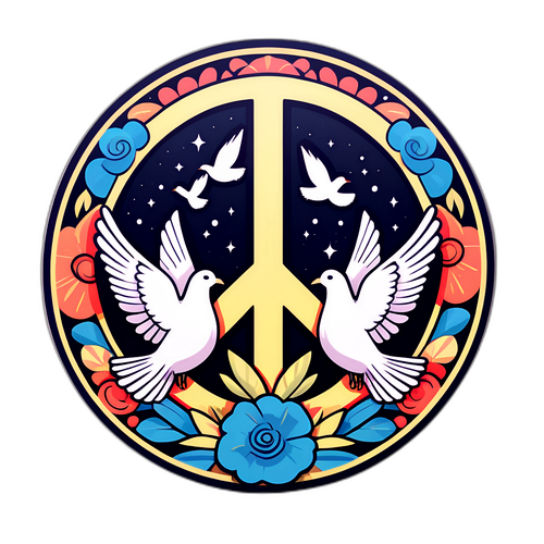 Stiker Retro dengan Ilustrasi Tandanya Perdamaian dan Burung Merpati