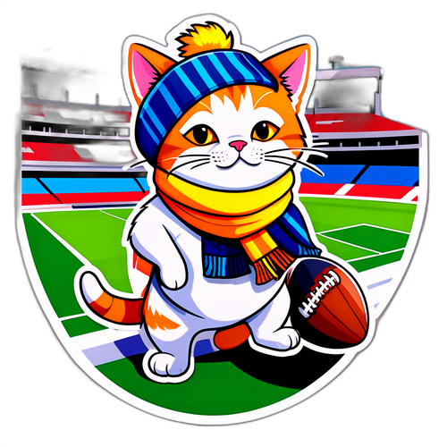 Kipande cha mkataba wa paka akivaa skafu ya soka katika uwanja wa michezo