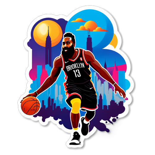 An illustration of James Harden dribbling a basketball with Brooklyn skyline