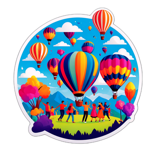 Vibrante sticker met luchtballonnen en dansende mensen op Tomorrowland Festival