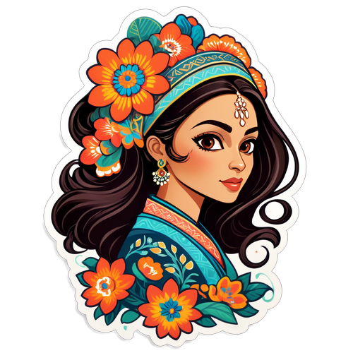 A beautiful sticker featuring Noushin Faraji, illustrated in an elegant style with floral designs and cultural motifs that represent her heritage and artistry.